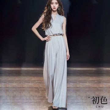 初色 小V領收腰顯瘦無袖上衣+高腰闊腿長褲套裝-灰色-34914(M-2XL可選)