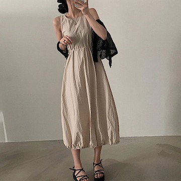 MOCO韓版chic法式無袖腰抽繩水洗棉背心裙收腰氣質花苞背心洋裝