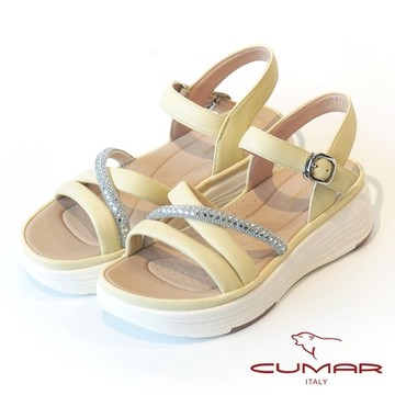 【CUMAR】澎澎線條鑽飾點綴彈力厚底涼鞋-鵝黃色