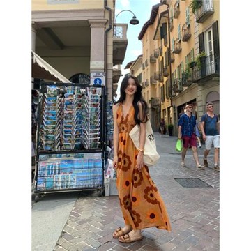 西雙版納泰國海島旅游穿搭海邊度假三亞印花連衣裙波西米亞沙灘裙