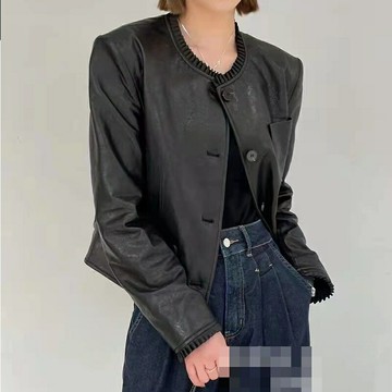 【巴黎精品】現貨+預購 真皮皮衣西裝外套-造型荷葉領羊皮短版西裝女外套v1ao24