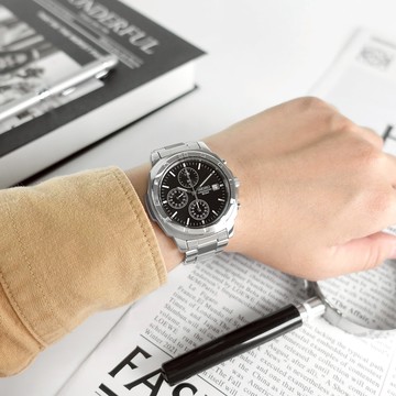 SEIKO 精工 / SND191P / 三眼計時 簡約時尚 夜光 日期 不鏽鋼手錶 黑色 39mm