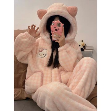 可愛睡衣女秋冬季女2025新款珊瑚絨加厚保暖卡通法蘭絨家居服套裝