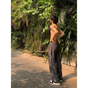 QIQUYU奇趣魚休閑西褲男寬松拖地闊腿褲子韓版黑深灰色直筒長褲