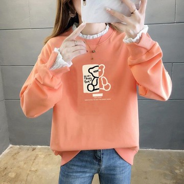 愛依依 大碼上衣 長袖T卹 印花T卹 衛衣 保暖 中大尺碼 M-3XL新款假兩件蕾絲洋氣上衣加絨加厚衛衣-12121.