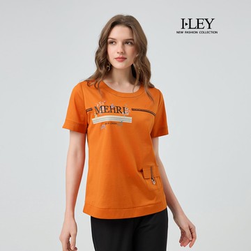 ILEY伊蕾 撞色配條字母印花絲光棉上衣(桔；M-2L)