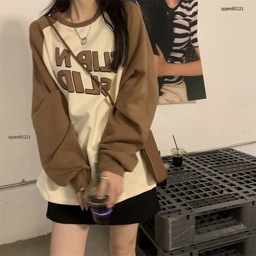 【台灣出貨】大尺碼女裝 大碼女裝胖mm300斤拚接撞色上衣春秋長袖T恤慵懶風遮肉寬鬆打底衫 大碼女生上衣 衛衣