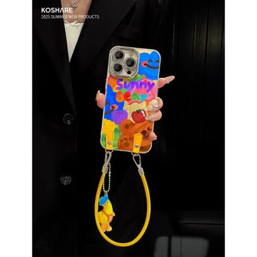 適用蘋果17promax手機殼16夏天新女款15promax涂鴉小熊掛繩14小眾13全包鏡頭膜11錫紙冰川紋12高級感防摔套