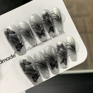 🎀台灣出貨🎀穿戴甲 指甲貼片 美甲貼片 手工穿戴甲 甲片 假指甲 指甲貼 美甲貼 光療甲腮黑蝴蝶手工定制光療美甲