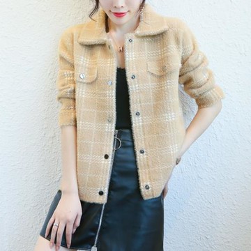 仿水貂絨外衣女士格子外套女秋冬2025新款早秋裝針織開衫外搭毛衣