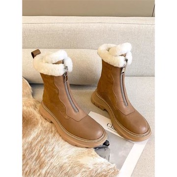 冬季加厚前拉鏈馬丁靴女厚底加絨保暖羊皮毛一體雪地靴東北大棉鞋