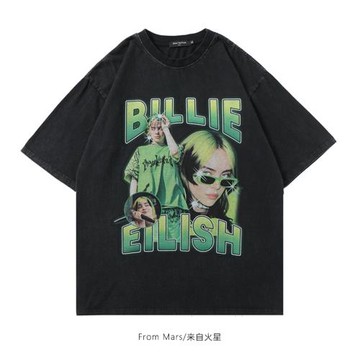 From Mars 美式復古人物Billie Eilish嘻哈歌手印花寬松嘻哈T恤夏