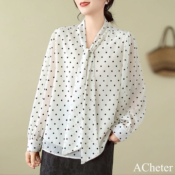 【ACheter】波點大碼襯衫溫柔風蝴蝶結系帶泡泡長袖氣質短版上衣# 121234 (現貨+預購)