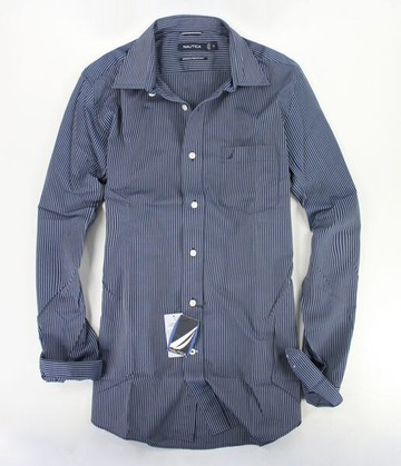 美國百分百【全新真品】NAUTICA 帆船logo 男上衣 深藍 條紋 口袋 長袖襯衫 特別 防皺款 M L號