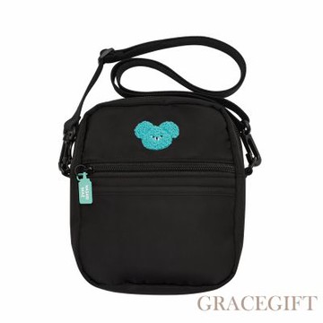 【Grace Gift】Wasabi Bear-芥末熊雙層斜背尼龍隨身包 黑