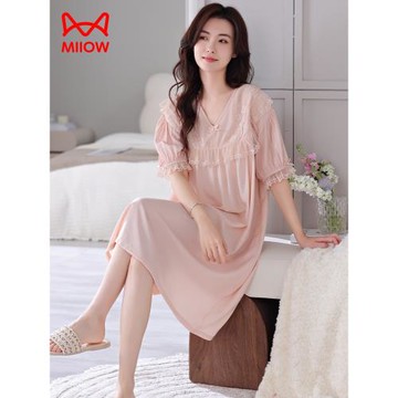 貓人2025新款天絲麻夏睡裙女薄款冰絲涼感短袖帶胸墊連衣裙莫代爾