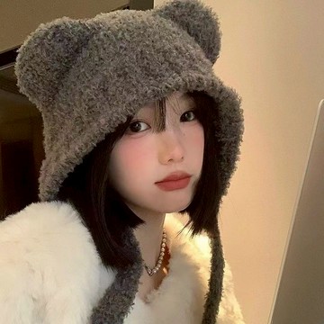 ✨精選好物✨日韓帽子 冬季繫繩 可愛小熊帽子耳朵 毛絨帽子女 冬季百搭 保暖護耳帽針織毛線 騎車帽子保暖 冬天帽子毛線帽
