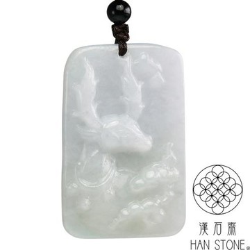 【漢石齋】天然翡翠A貨 一鹿如意玉佩吊墜 冰糯種飄花(32*49*8mm)