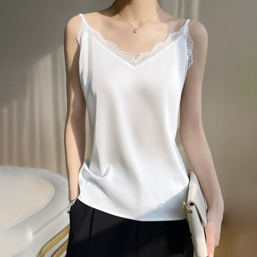 【巴黎精品】現貨+預購 緞面上衣無袖背心法式絲綢絲質小可愛名媛素色上衣-蕾絲V領小吊帶薄款女上衣4色a1be21