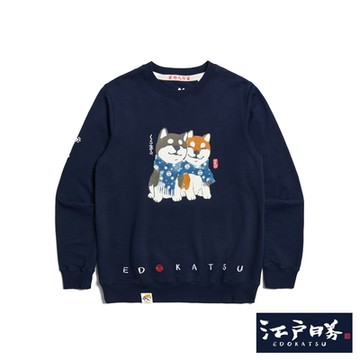 江戶勝 男裝 勝太郎系列 勝太郎與黑丸友達長袖T恤-丈青色