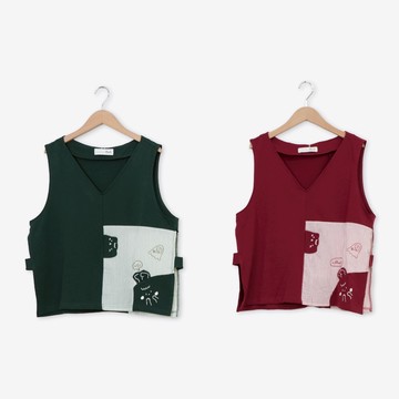 【Dailo】棉花糖妹妹拼接設計背心 紅 綠