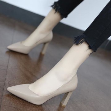 2025早春新款尖頭淺口顯瘦高跟鞋女粗跟歐美百搭職業單鞋OL工作鞋