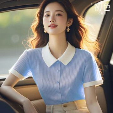 初色 文藝風翻領短袖撞色坑條紋單排釦T恤針織衫上衣女上衣-藍色-19565(F可選)