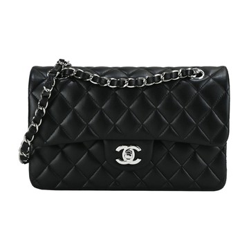 CHANEL 經典LOGO菱格紋小羊皮銀釦鏈帶肩背/斜背包（黑色） _廠商直送