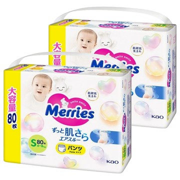 Merries 妙而舒 日本境內版 金緻柔點透氣褲型尿布 4~8kg  S  160片
