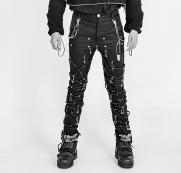 美式復古 眾暗黑潮流 重金屬綁帶 拉鏈黑色休閒褲