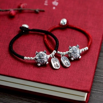 99純銀十二生肖福牛紅繩手鏈女本命年男編織情侶款手繩子銀飾品