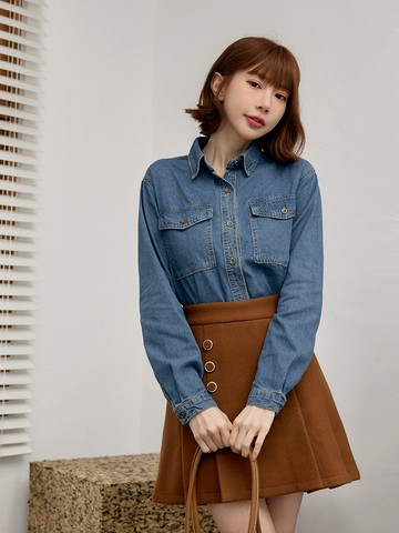 棉質牛仔雙口袋罩衫襯衫