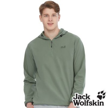 【Jack wolfskin 飛狼】男 輕薄防曬連帽套頭風衣｜帥氣寬鬆拉鍊機能款『軍綠』