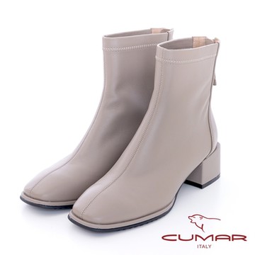 【CUMAR】素面後拉鍊粗跟短靴-灰