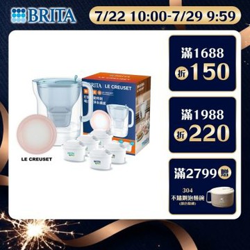 【BRITA官方】[共1壺5芯贈盤] 永續濾水壺(冰川藍)3.6L+Pro濾芯全效x3去水垢x2 買就送LE CREUSET陶瓷盤(19cm 貝殼粉)
