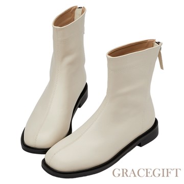 【Grace Gift】簡約格調方頭輕量低跟短靴 米白