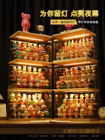 手辦展示盒盲盒收納架子泡泡瑪特娃娃樂高公仔娃柜透明帶燈防塵罩