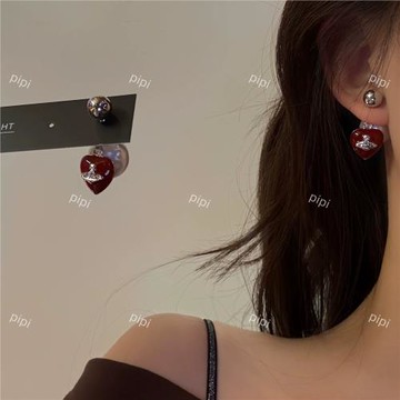 pipi原創設計珍珠前后兩戴珠光粉色愛心土星輕奢甜美耳環耳飾銀針