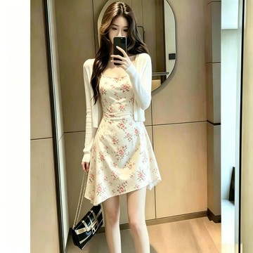 法式氣質甜美碎花滿印吊帶連身裙女夏季新款收腰短款開衫套裝