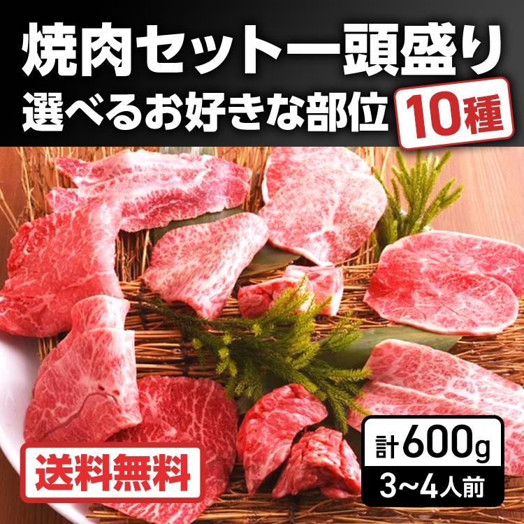 焼肉セット お取り寄せ 10種セット 600g(60g×10種)3〜4人前 牛肉 詰め合わせ 選べる 一頭盛り 国産黒毛和牛 A4 めす牛