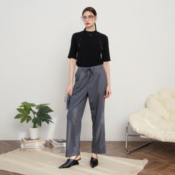 【MASTINA】後鬆緊前綁帶腰頭褶子褲 藍 灰(魅力商品)