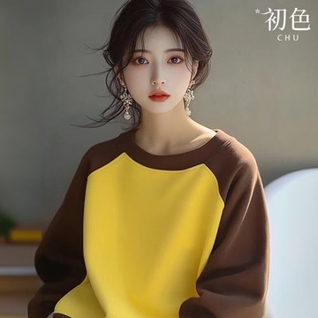 初色 撞色拼接復古圓領插肩袖長袖寬鬆衛衣T恤上衣女上衣-咖黃色-38860(M-2XL可選)