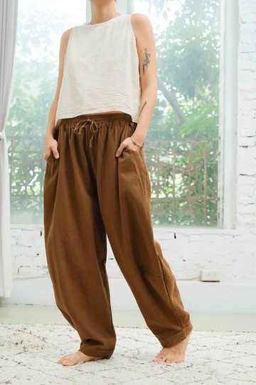 抽繩鬆緊氣球褲 / 菱紋布 土黃