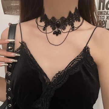 【台灣公司 可打統編】免運 哥特風黑色水晶蕾絲流蘇項鏈女choker配飾頸鏈小眾甜酷辣妹鎖骨鏈 可開發票 全館五折 工廠現貨直銷 新品特價 z9211