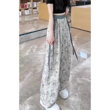 (免運)新中式國風水墨畫休閑闊腿褲女夏季薄款垂感冰絲涼涼抖抖拖地褲子