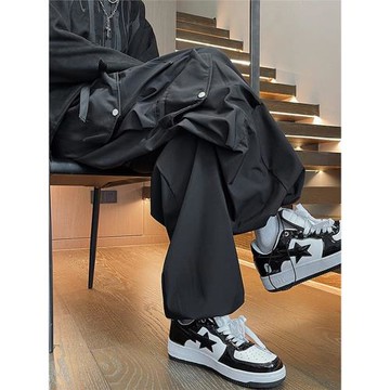 美式機能傘兵褲子春秋季潮牌ins休閑闊腿褲寬松抽繩束腳工裝褲男