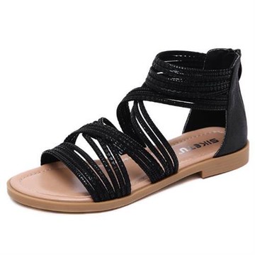 【Sp house】夏季羅馬假期交叉亮片皮平底涼鞋(2色可選)