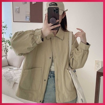 『ATC』純色小個子工裝外套女 春秋韓版大口袋夾克 寬鬆休閒直筒小翻領上衣 三色任選