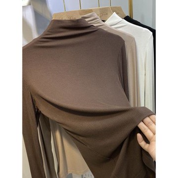 設計感螺紋長袖t恤女秋冬洋氣修身半高領內搭打底衫咖色上衣春秋