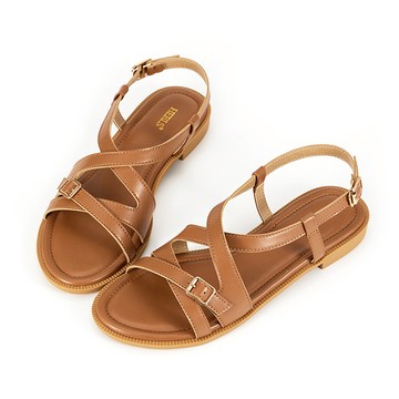 鏤空線條釦環後帶平底涼鞋 棕色